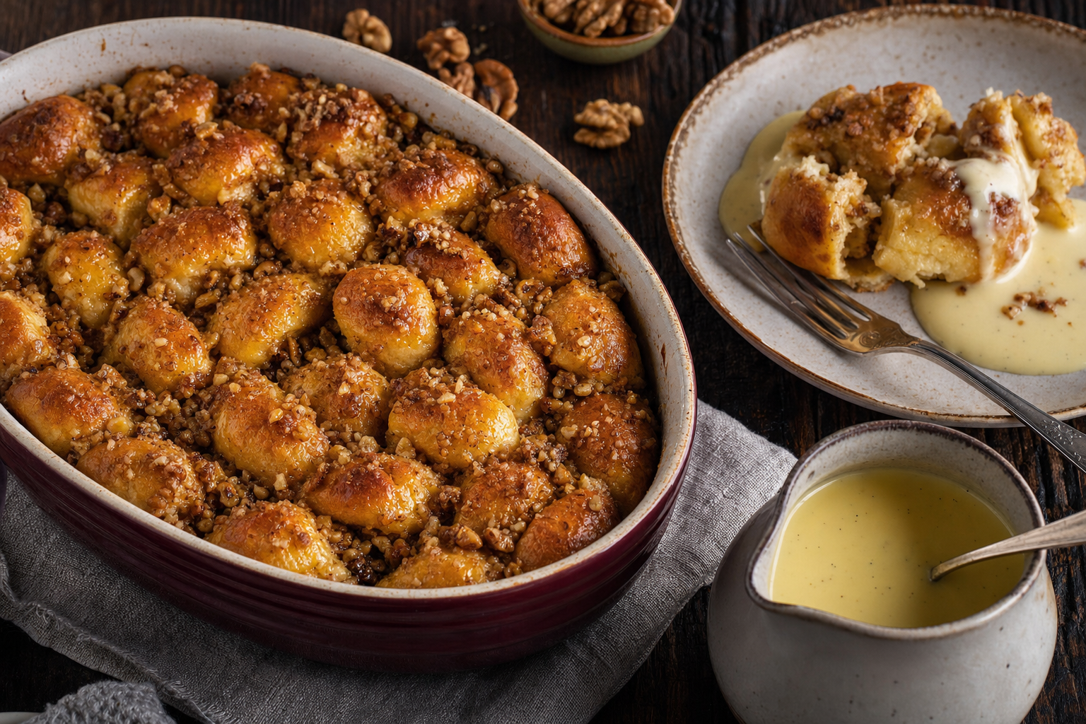 Aranygaluska — Fluffige Hefeteigkugeln mit Walnüssen, mit Butter benetzt, lauwarm mit Vanillesauce