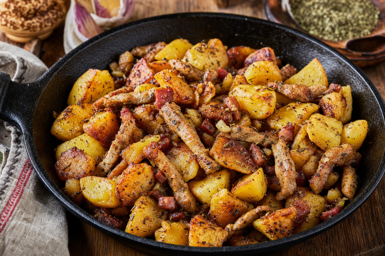 Brassói aprópecsenye — Knusprige Kartoffeln, Schweinefleisch in Streifen, viel Knoblauch und Majoran