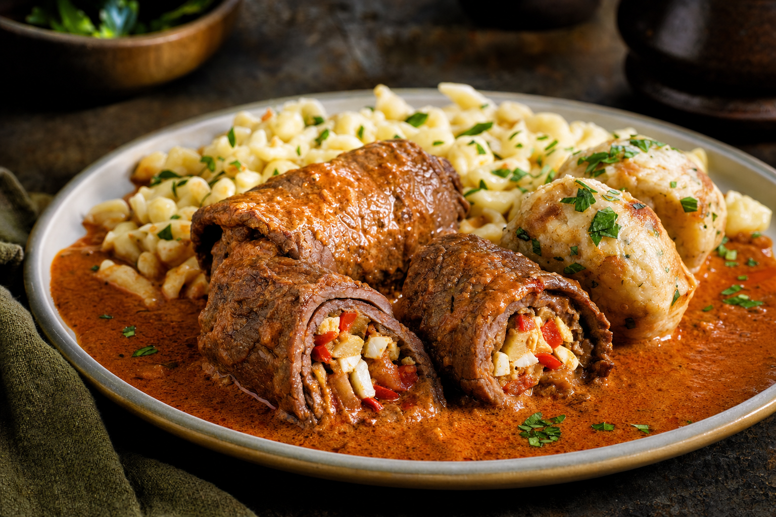 Csáky-rostélyos — Rindsrouladen mit Lecsó-Ei-Füllung in samtiger Paprikasauce