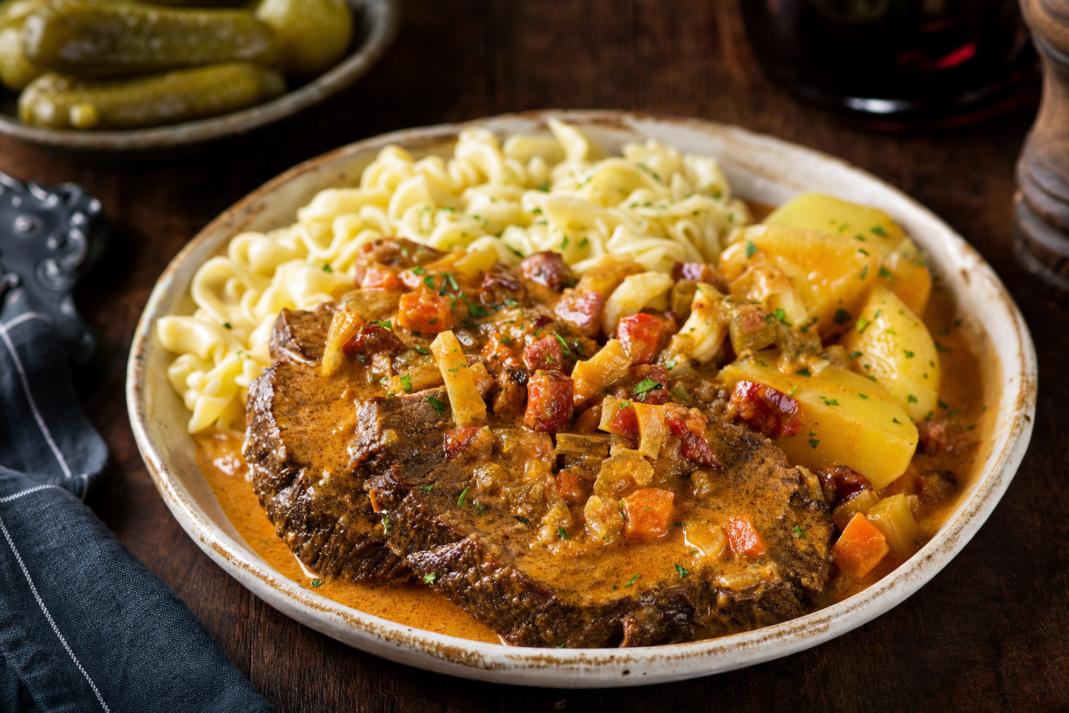 Deák-rostélyos — Geschmorte Rindfleischscheiben in Paprika-Wurzelgemüse-Sauce mit saurer Sahne