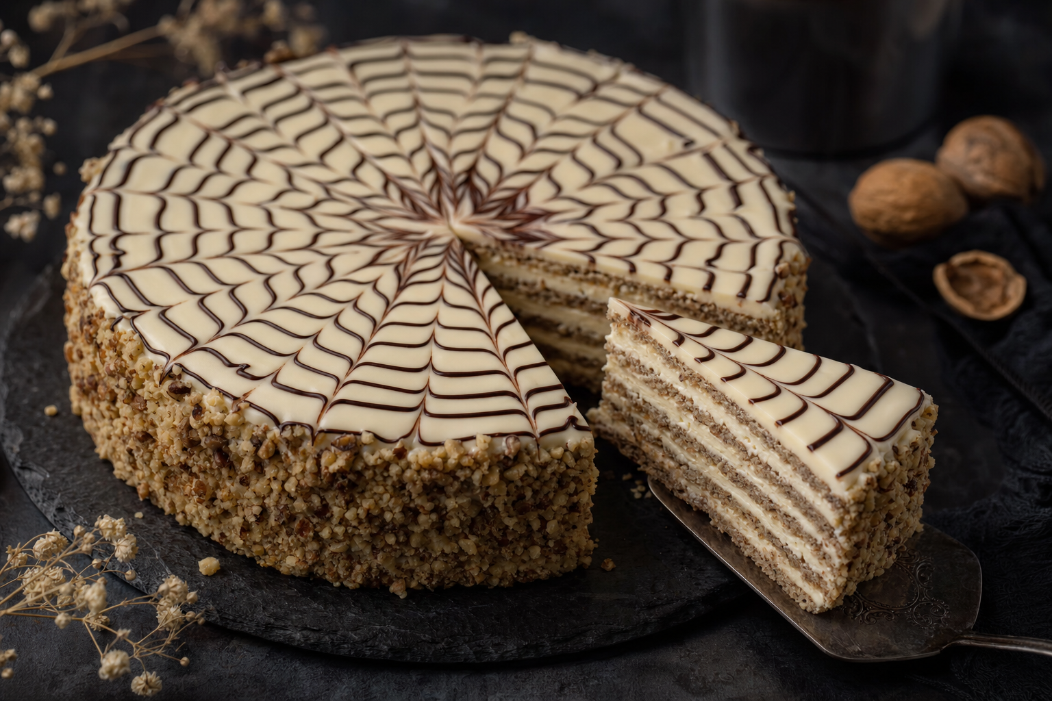 Eszterházy-torta — Fünf dünne Walnussböden, Vanille-Buttercreme und das typische Spinnennetz
