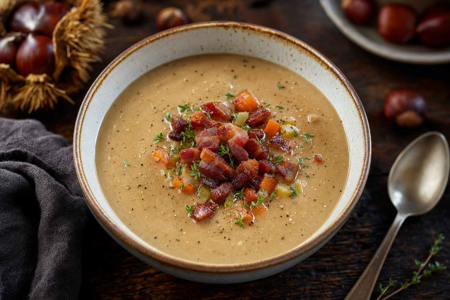 Gesztenyekrémleves — Samtige Maronencremesuppe mit knusprigem Speck, Thymian und einem Hauch Muskat