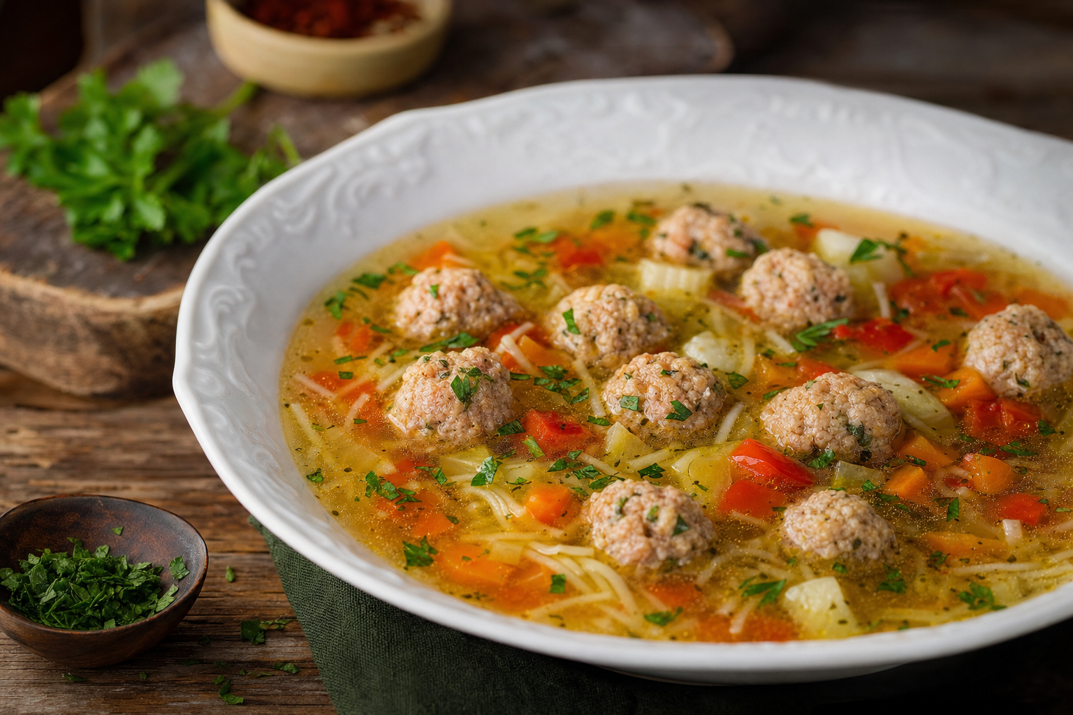 Húsgombócleves — Klare Gemüsebrühe mit zarten Hackfleischklößchen, Paprika und Petersilie