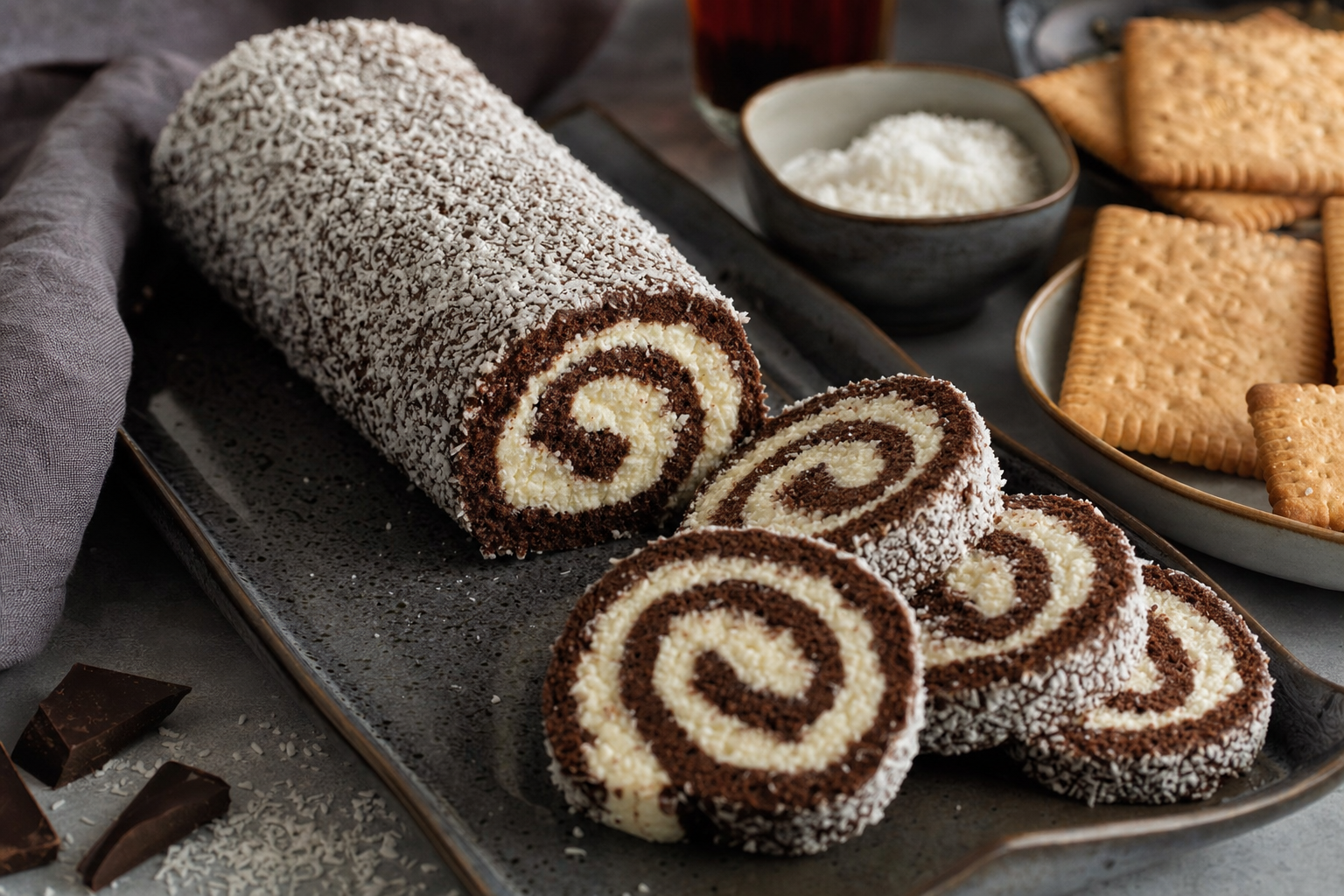 Kokuszos Keksztekercs — Ungarische Keksrolle mit Kakao, Buttercreme und Kokos – ganz ohne Ofen