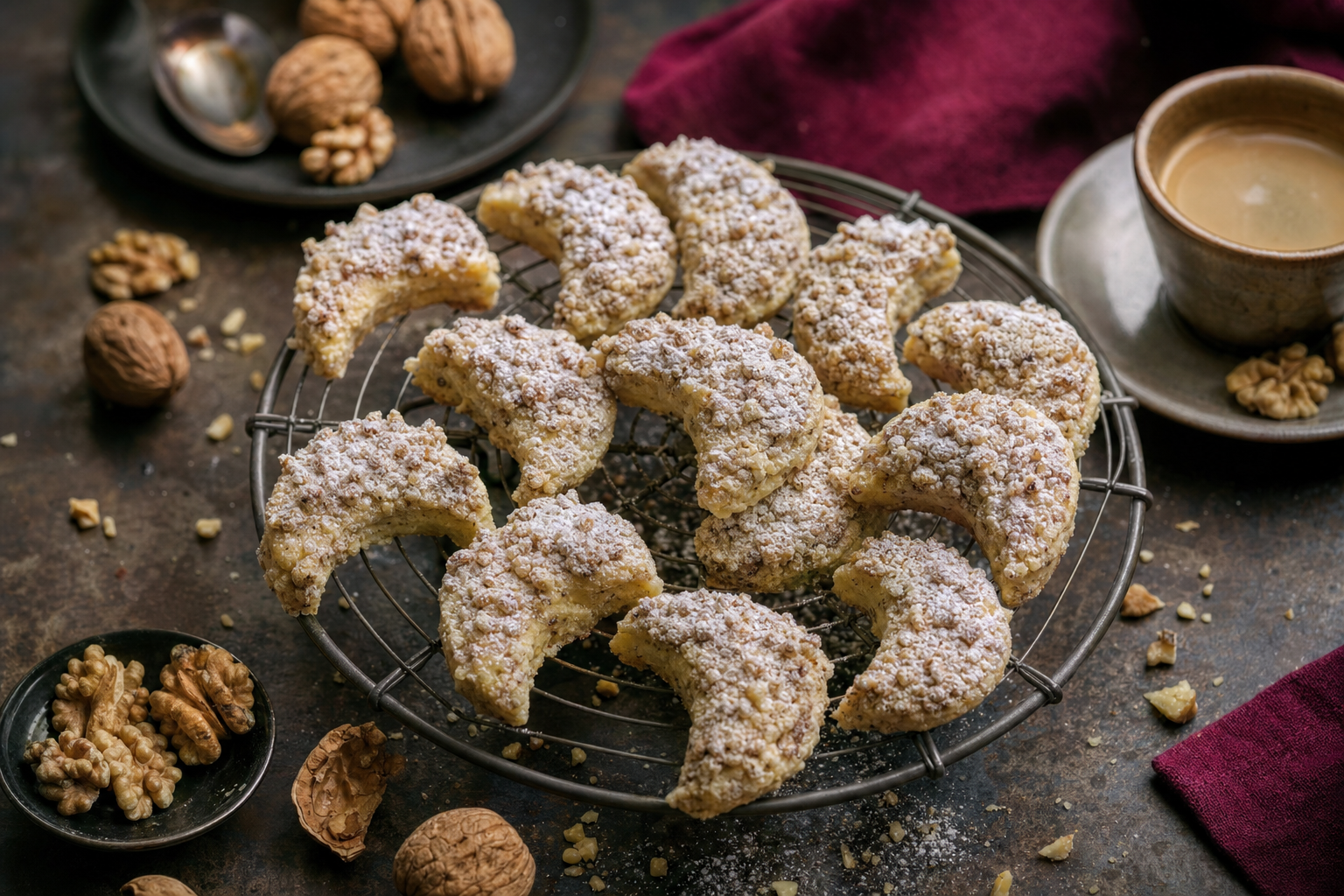 Kossuth-kifli — Buttriger Blechkuchen mit Walnüssen, in Halbmonde ausgestochen