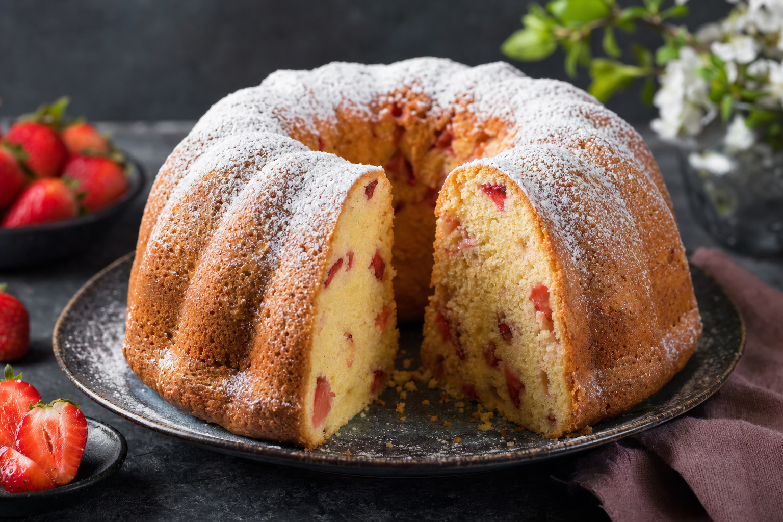 Kuglóf — Hoher Rührkuchen aus der geriffelten Form, mit Erdbeeren und Puderzucker
