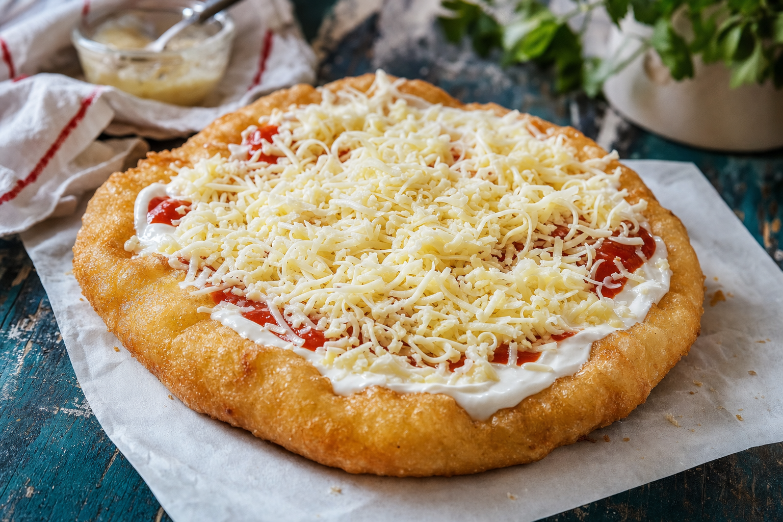 Langosch — Goldbraun frittierte Hefefladen mit Knoblauch, Sauerrahm und Käse