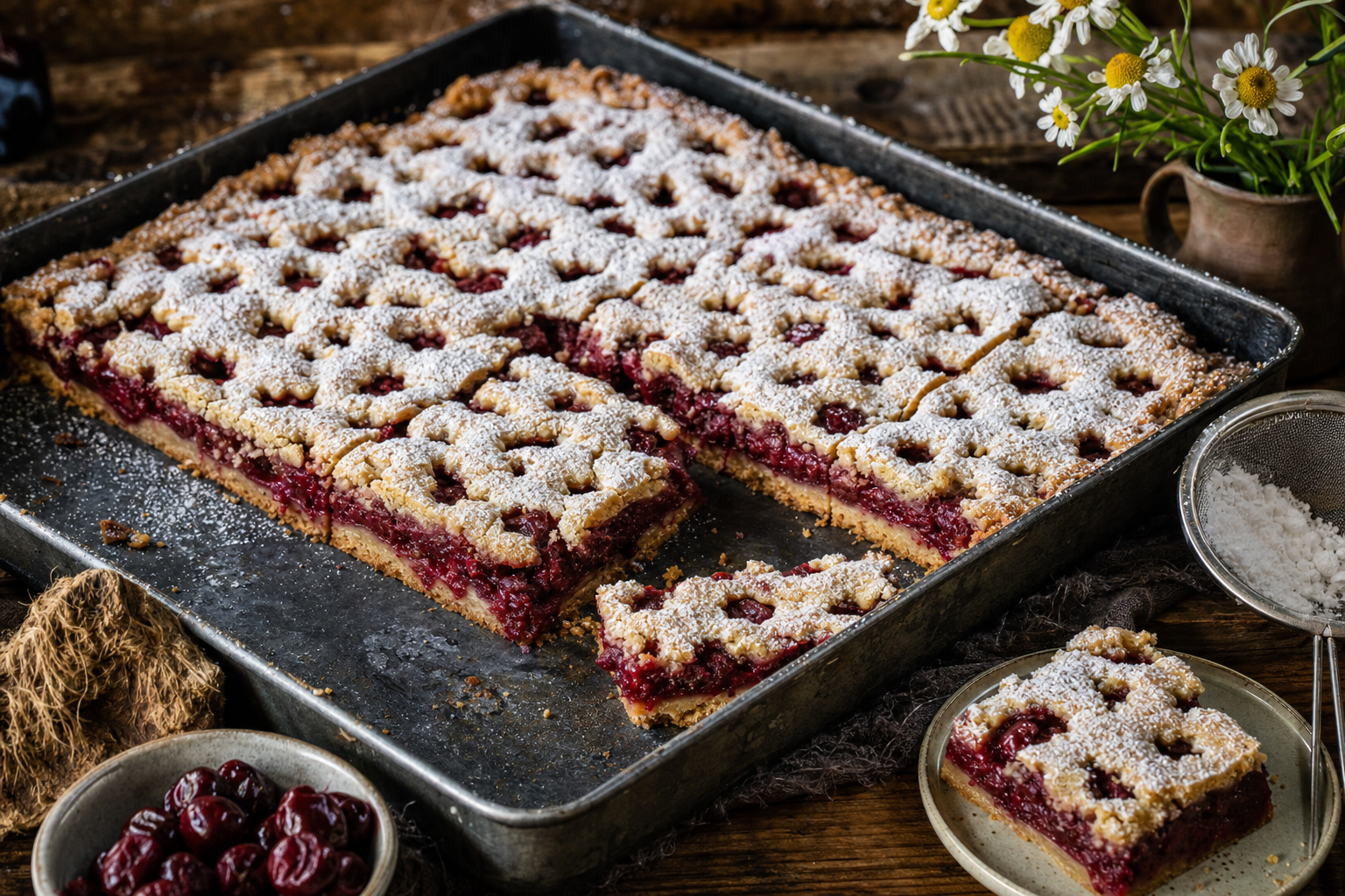 Meggyes pite — Mürber Blechkuchen mit säuerlichen Kirschen, Zimt und Puderzucker