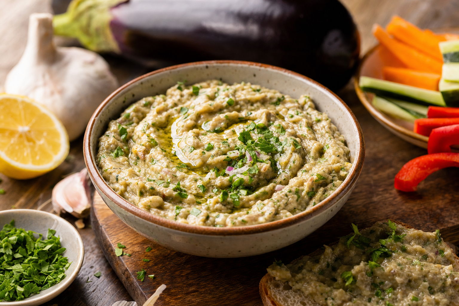 Padlizsankrem — Cremiger Auberginenaufstrich mit Knoblauch, Zwiebel, Zitrone und viel Petersilie