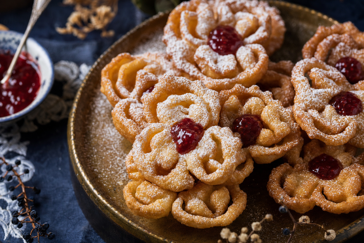 Rózsafánk — Ungarische Rosenkrapfen: zarte Teigblüten mit Puderzucker und Konfitüre